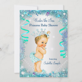 Invitación Azul Bajo El Mar Princesa Baby Shower Rubia