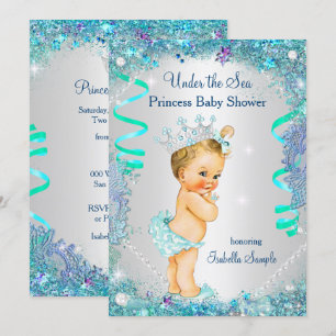 Invitación Azul Bajo El Mar Princesa Baby Shower Rubia
