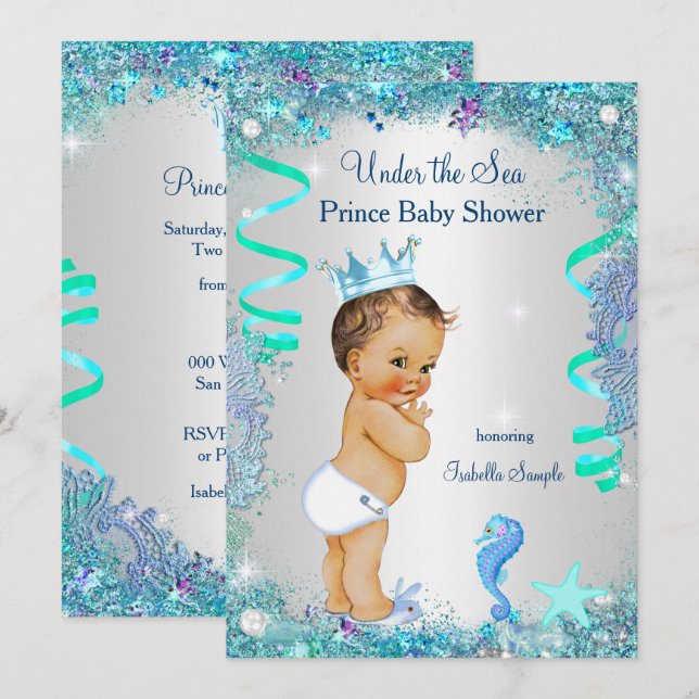 Invitación Azul Bajo El Mar Príncipe Baby Shower Brunette Boy (Anverso / Reverso)
