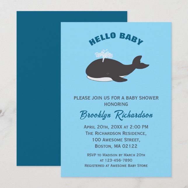 Invitación Azul ballena gris bajo el mar Hola Baby Shower (Anverso / Reverso)