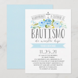 Invitación Azul banner Rosa  Bautismo español