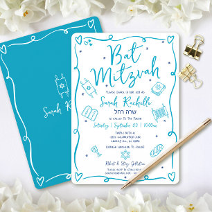 Invitación Azul Bat Mitzvah Dibujos a Mano Doodles Nombre Heb