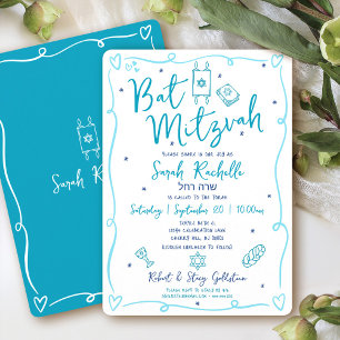 Invitación Azul Bat Mitzvah Diversión Dibujado a Mano Doodle 