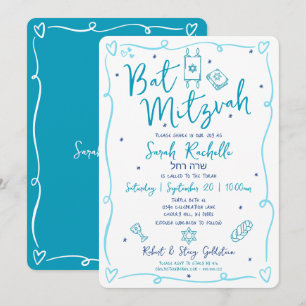 Invitación Azul Bat Mitzvah Diversión Dibujado a Mano Doodle