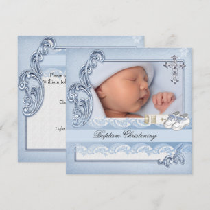 Invitación Azul Bautismal Cruz Niño Damask bautizo