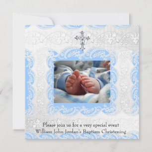 Invitación Azul Bautismal Encaje Blanco Joya Foto Cruz Niño