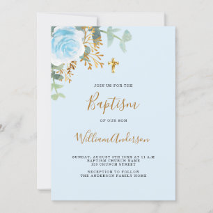 Invitación Azul bautismal floral niño cruz dorada