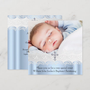 Invitación Azul Bautizo Encaje Blanco Foto Joya Cruz Niño