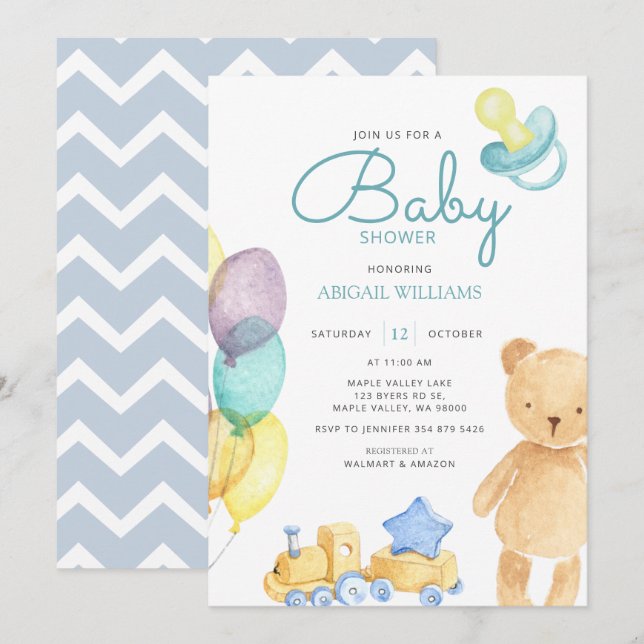 Invitación Azul Bear y Balón acuarela - Baby Shower lindo (Anverso / Reverso)