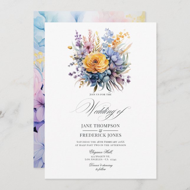 Invitación Azul bebé, amarillo crema de mantequilla, Boda ros (Anverso / Reverso)