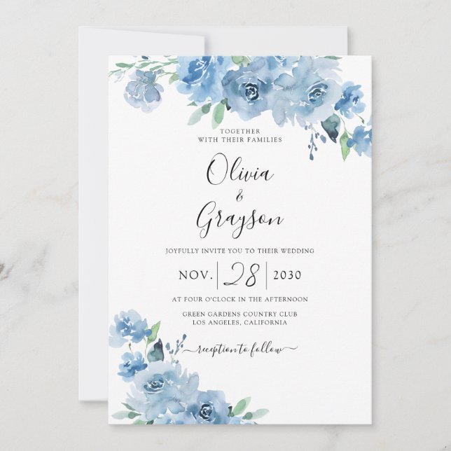 Invitación Azul Bebé Azul Azul Floral QR Todo En Un Boda (Anverso)