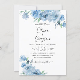 Invitación Azul Bebé Azul Azul Floral QR Todo En Un Boda