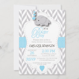 Invitación Azul bebé, Elefante gris blanco 🐘 Baby Shower