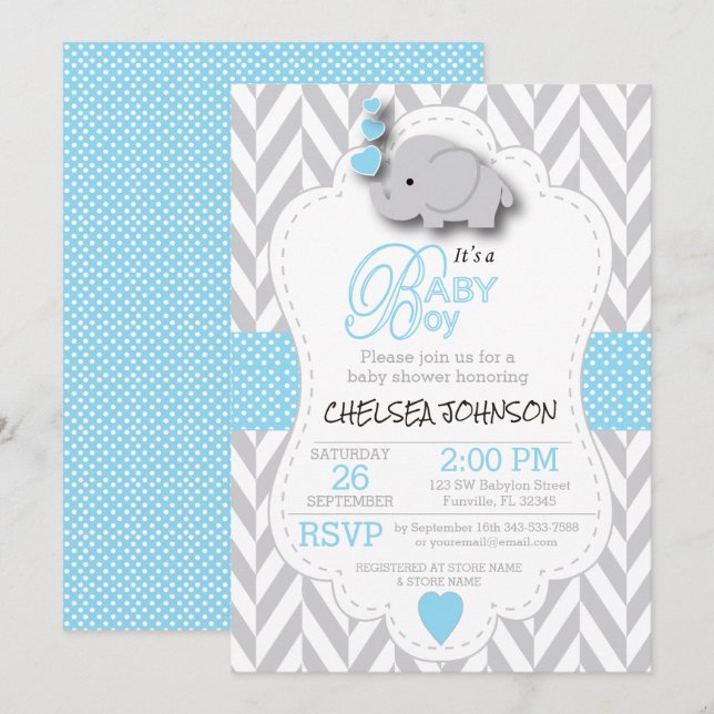 Invitación Azul bebé, Elefante gris blanco 🐘 Baby Shower (Anverso / Reverso)