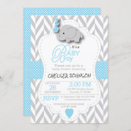 Invitación Azul bebé, Elefante gris blanco 🐘 Baby Shower