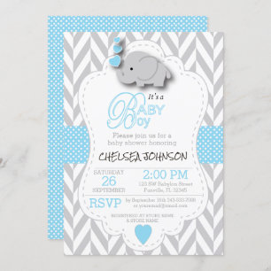 Invitación Azul bebé, Elefante gris blanco 🐘 Baby Shower