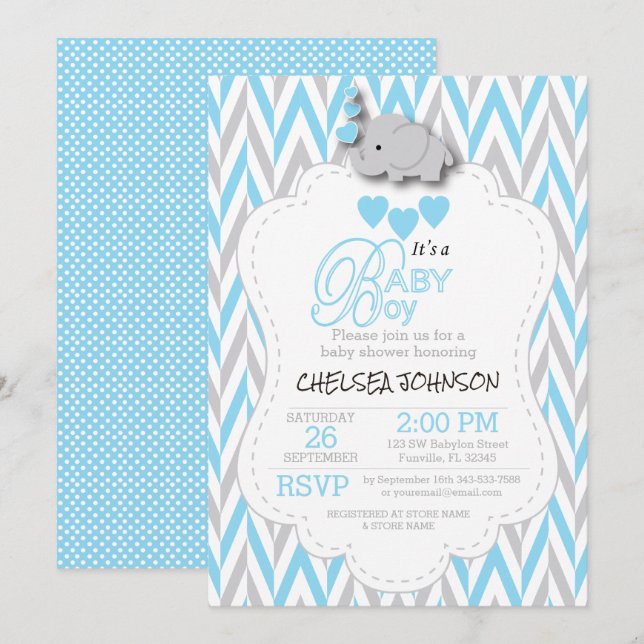Invitación Azul bebé, elefante gris blanco Baby Shower 2 (Anverso / Reverso)