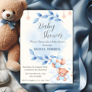 Invitación Azul beige, oso de peluche, globos, baby shower ni