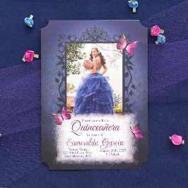 Invitación Azul, Berry Pink Butterflies Quinceanera