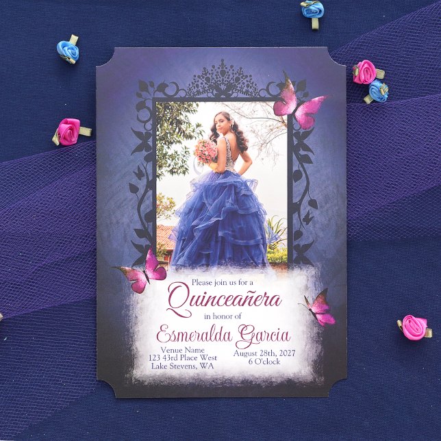 Invitación Azul, Berry Pink Butterflies Quinceanera (Blue Quinceanera Invitation with Pink Butterflies Decorative Vines Frame, Dark Blue, Navy Blue Quinc)
