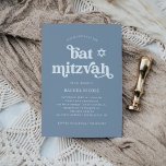 Invitación Azul bigoso y retro | Bat Mitzvah<br><div class="desc">Esta sencilla y burda invitación a Bat Mitzvah presenta una tipografía blanca y retro sobre un fondo azul polvoriento con una estrella de David a juego.</div>