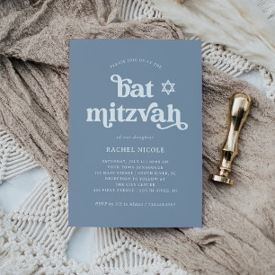 Invitación Azul bigoso y retro   Bat Mitzvah