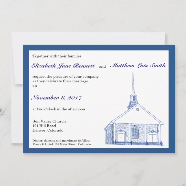 Invitación azul bilingüe de la boda de la capilla (Anverso)