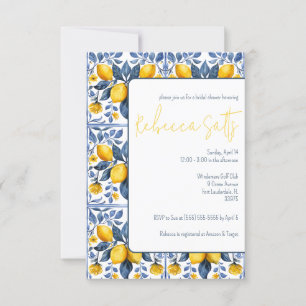 Invitación Azul, blanco, amarillo Lemones Majólica ducha de n