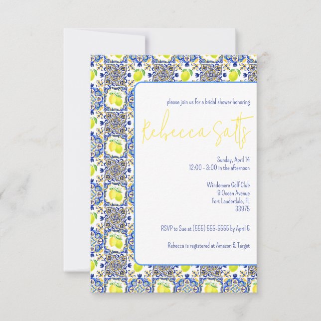 Invitación Azul, blanco, amarillo Lemones Majólica ducha de n (Anverso)