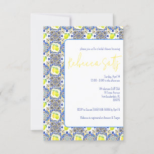 Invitación Azul, blanco, amarillo Lemones Majólica ducha de n
