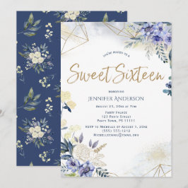 Invitación Azul blanco color oro dulce floral 16