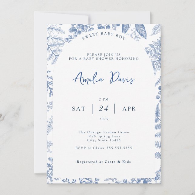 Invitación Azul blanco Moderno Clásico Floral Baby Boy Ducha (Anverso)