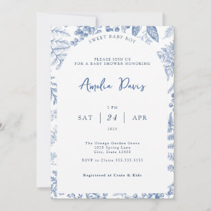 Invitación Azul blanco Moderno Clásico Floral Baby Boy Ducha