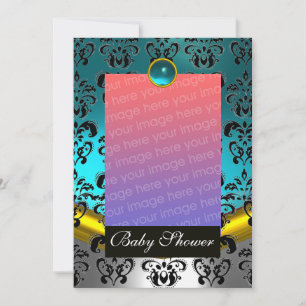 INVITACIÓN AZUL BLANCO NEGRO DAMASCO BEBÉ DUCHA MONOGRAMA
