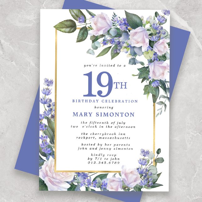 Invitación Azul Blanco Oro Floral 19 Cumpleaños (Subido por el creador)
