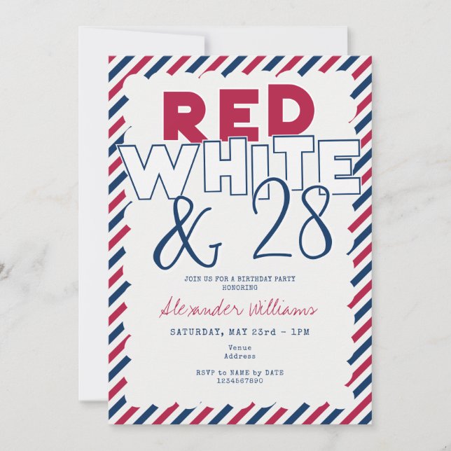 Invitación Azul Blanco Rojo 4 de julio fiesta de cumpleaños B (Anverso)