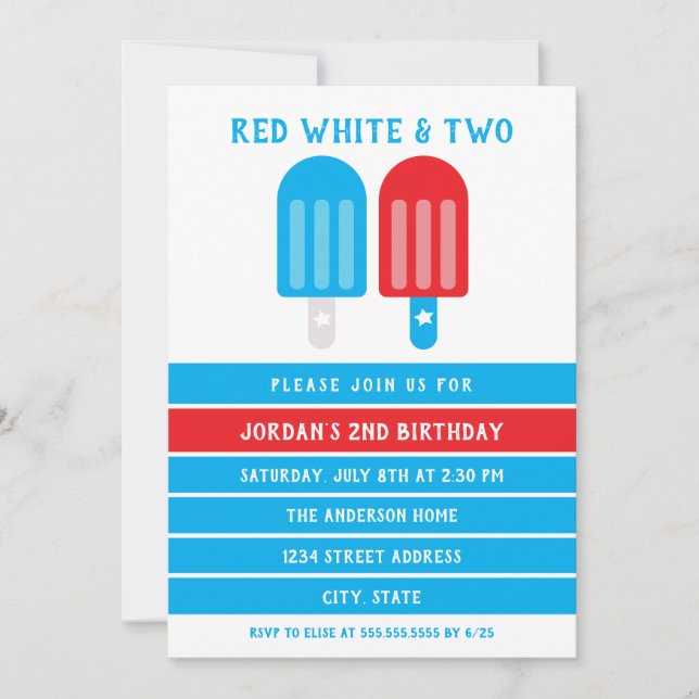 Invitación Azul Blanco Rojo 4 de julio, segundo cumpleaños (Anverso)
