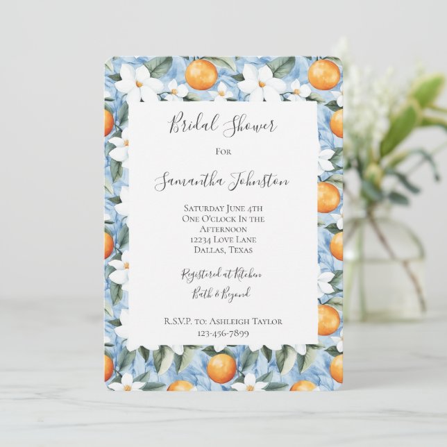 Invitación Azul blanco siciliano verano Floral Bridal Shower (Anverso de pie)