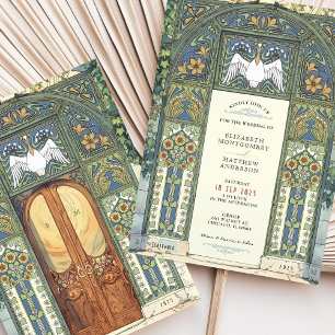 Invitación Azul Boda Art Nouveau, oro, arco verde