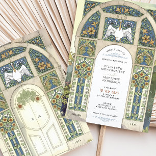 Invitación Azul Boda Art Nouveau, oro, arco verde
