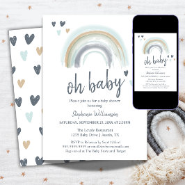 Invitación Azul Boho Arcoíris para Baby Shower