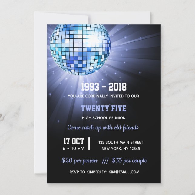 Invitación Azul bola de discoteca (Anverso)