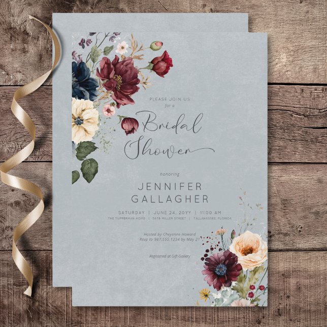 Invitación Azul Borgoña y Crema Rústica Floral Bridal Ducha (Blue Burgundy & Cream Rustic Floral Bridal Shower Invitation)