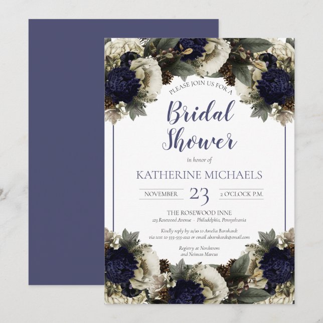 Invitación Azul botánico de invierno| Ducha nupcial blanca de (Anverso / Reverso)