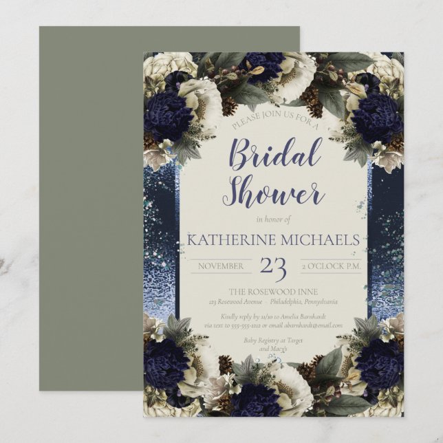 Invitación Azul botánico de invierno | Winter White Bridal Sh (Anverso / Reverso)