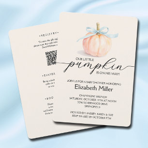Invitación Azul Bow Pequeño Calabaza Baby Shower Todo En Uno