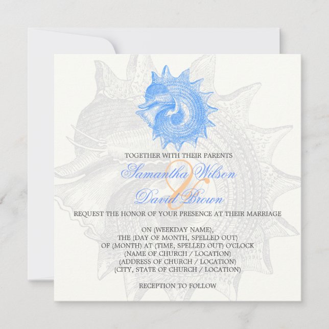 Invitación Azul caparazón molusco de bodas de playa (Anverso)