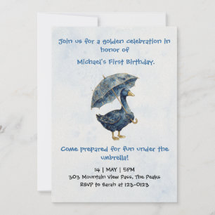 Invitación Azul caprichoso Ganso de Oro Primer Cumpleaños