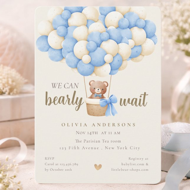 Invitación Azul Caprichoso No Podemos Esperar Cumpleaños de N (Whimsical Blue We can Bearly Wait Boy Baby Shower Invitation)