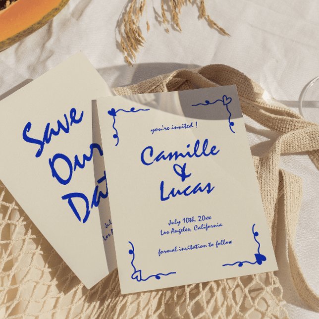 Invitación Azul caprichoso retro manuscrito Guardar las fecha (Subido por el creador)
